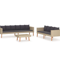 3-tlg. Garten-Lounge-Set mit Auflagen Poly Rattan Beige