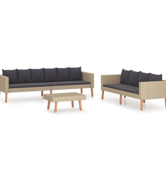 3-tlg. Garten-Lounge-Set mit Auflagen Poly Rattan Beige