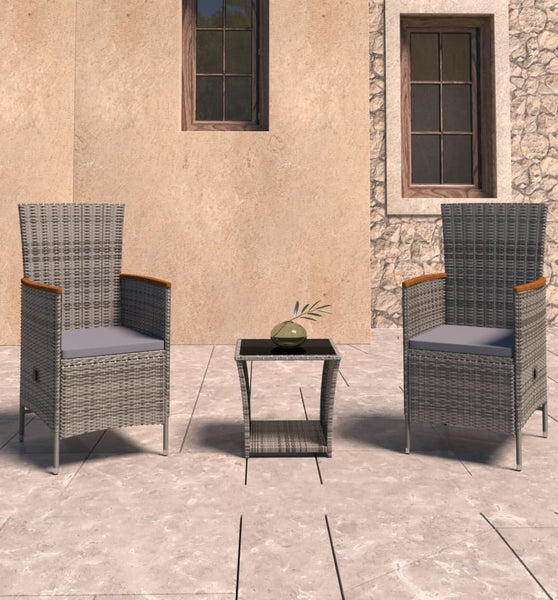 3-tlg. Garten-Lounge-Set mit Kissen Poly Rattan Grau