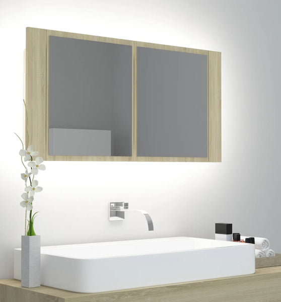LED-Bad-Spiegelschrank Sonoma-Eiche 90x12x45 cm Acryl