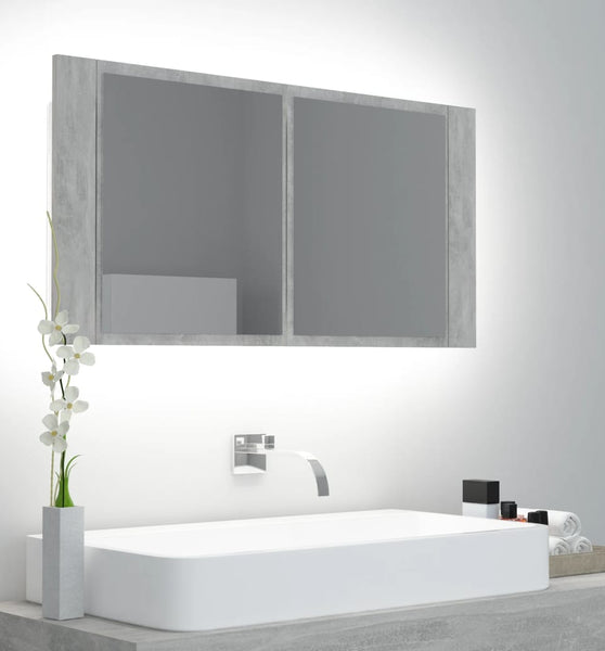 LED-Bad-Spiegelschrank Betongrau 90x12x45 cm Acryl
