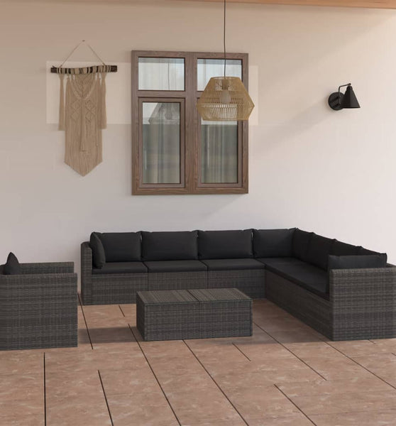 9-tlg. Garten-Lounge-Set mit Kissen Poly Rattan Grau