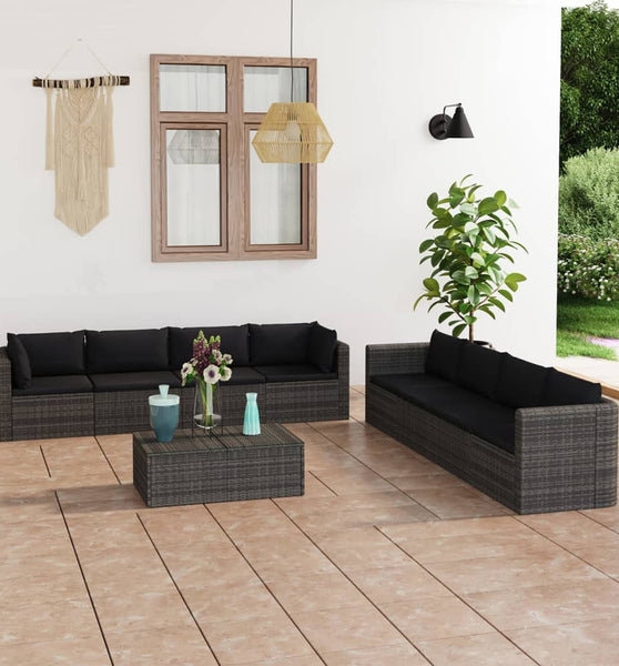 9-tlg. Garten-Lounge-Set mit Kissen Poly Rattan Grau