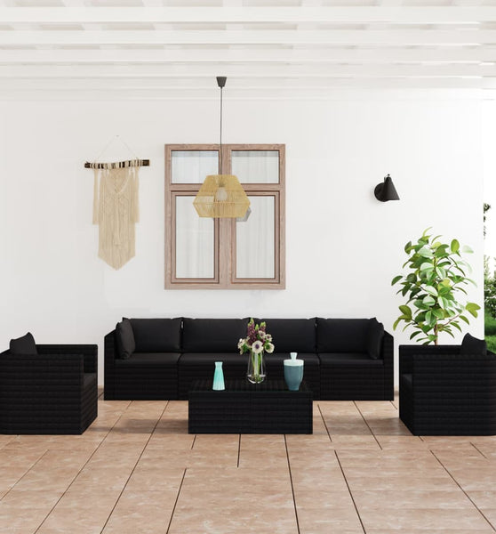 7-tlg. Garten-Lounge-Set mit Kissen Poly Rattan Schwarz