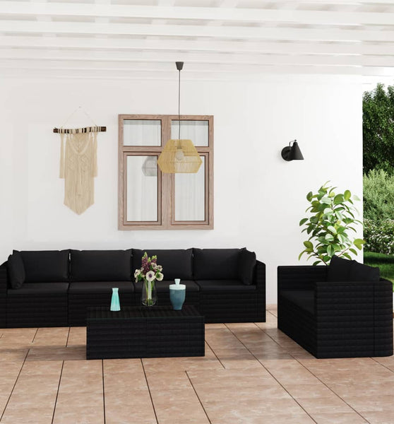 7-tlg. Garten-Lounge-Set mit Kissen Poly Rattan Schwarz