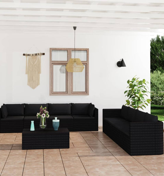 9-tlg. Garten-Lounge-Set mit Kissen Poly Rattan Schwarz