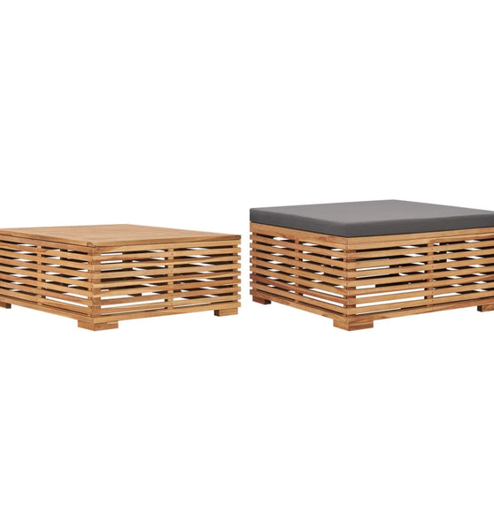 Gartentisch und Fußhocker Set mit Dunkelgrauem Kissen Teakholz