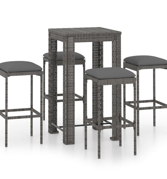 5-tlg. Gartenbar-Set mit Kissen Poly Rattan Grau