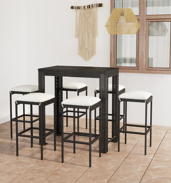 7-tlg. Gartenbar-Set mit Kissen Poly Rattan Schwarz