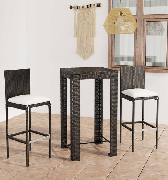 3-tlg. Gartenbar-Set mit Kissen Poly Rattan Schwarz