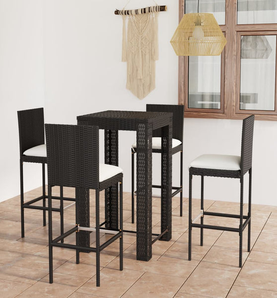 5-tlg. Gartenbar-Set mit Kissen Poly Rattan Schwarz