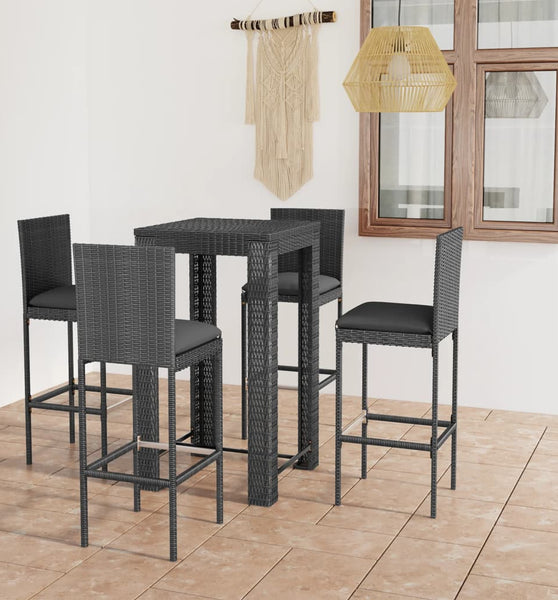 5-tlg. Gartenbar-Set mit Kissen Poly Rattan Grau