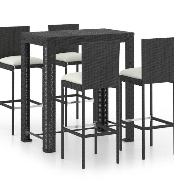 5-tlg. Gartenbar-Set mit Kissen Poly Rattan Schwarz