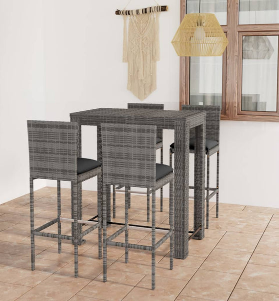 5-tlg. Gartenbar-Set mit Kissen Poly Rattan Grau