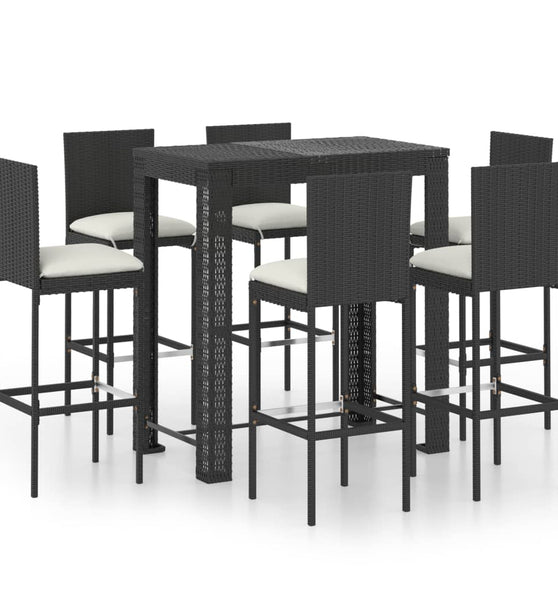 7-tlg. Gartenbar-Set mit Kissen Poly Rattan Schwarz