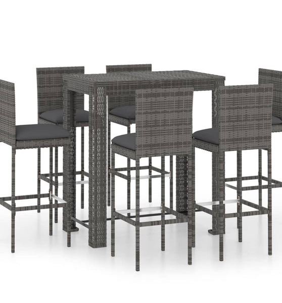 7-tlg. Gartenbar-Set mit Kissen Poly Rattan Grau