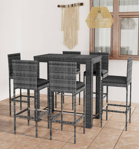 7-tlg. Gartenbar-Set mit Kissen Poly Rattan Grau