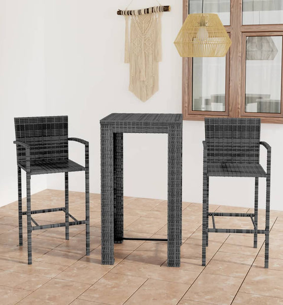 3-tlg. Garten-Bar-Set mit Armlehnen Poly Rattan Grau