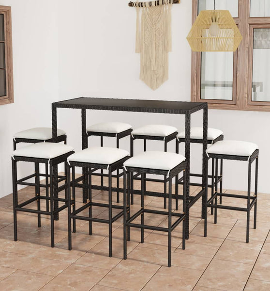 9-tlg. Gartenbar-Set mit Kissen Poly Rattan Schwarz