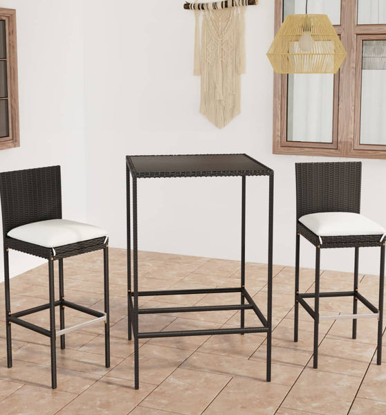 3-tlg. Gartenbar-Set mit Kissen Poly Rattan Schwarz