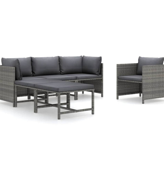 6-tlg. Garten-Lounge-Set mit Kissen Poly Rattan Grau