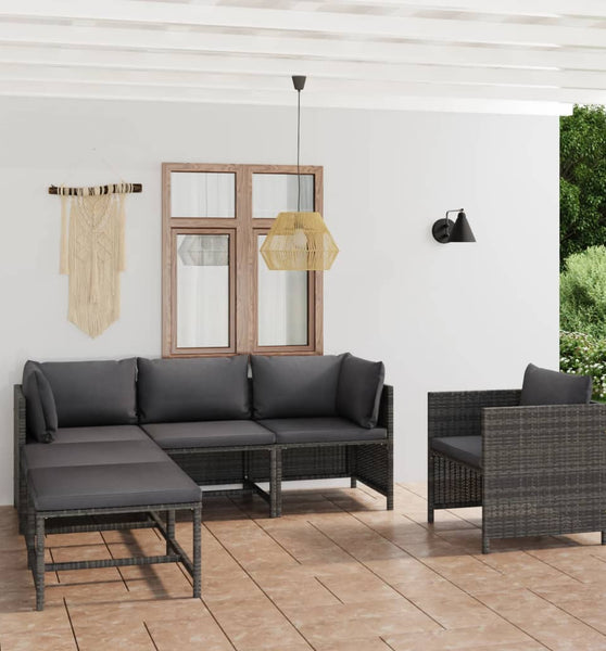 6-tlg. Garten-Lounge-Set mit Kissen Poly Rattan Grau