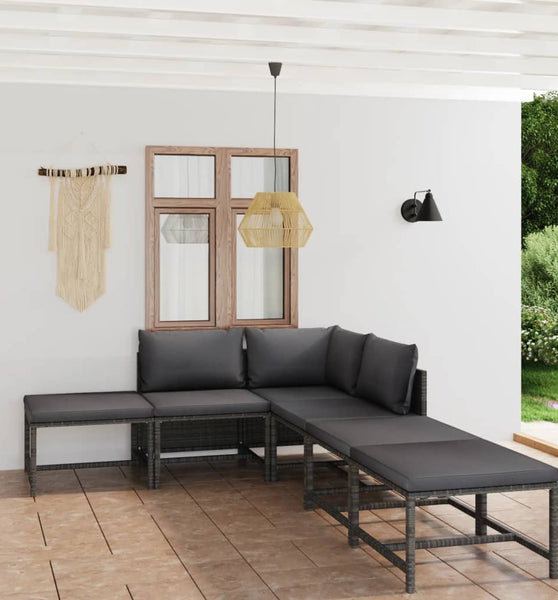 6-tlg. Garten-Lounge-Set mit Kissen Poly Rattan Grau