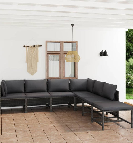 7-tlg. Garten-Lounge-Set mit Kissen Poly Rattan Grau