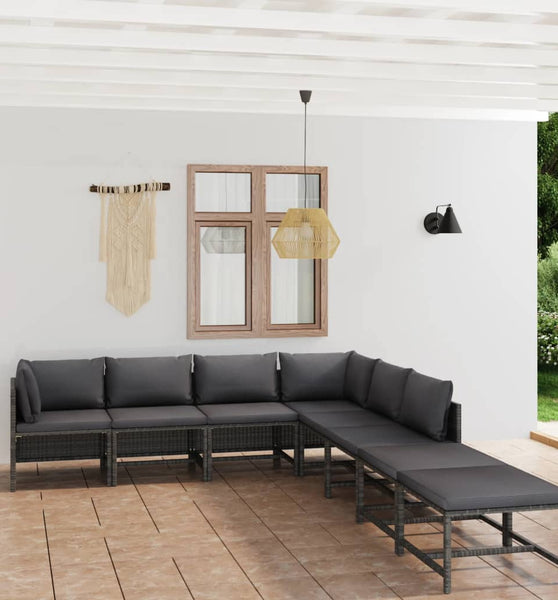 8-tlg. Garten-Lounge-Set mit Kissen Poly Rattan Grau