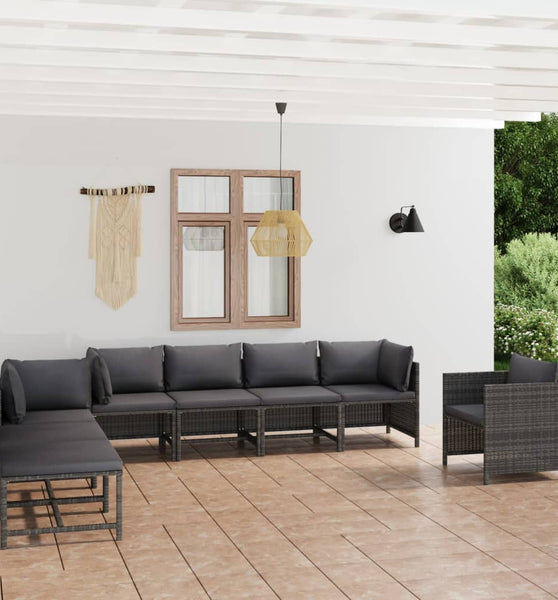 8-tlg. Garten-Lounge-Set mit Kissen Poly Rattan Grau