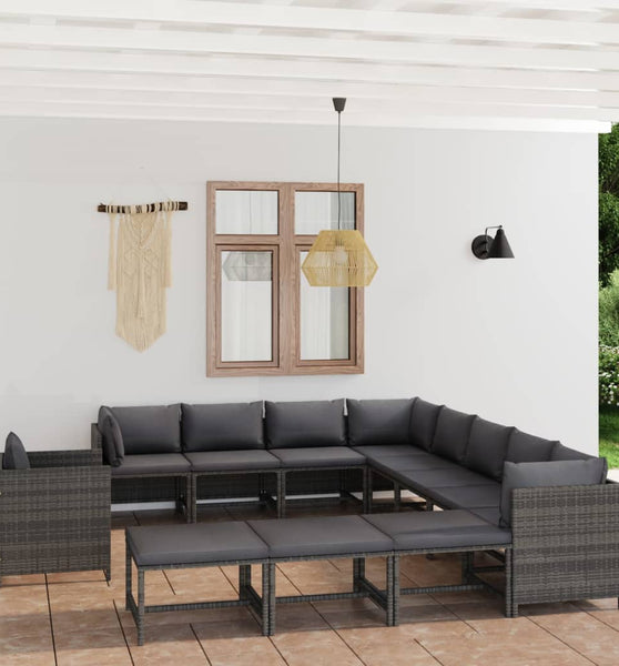 12-tlg. Garten-Lounge-Set mit Kissen Poly Rattan Grau