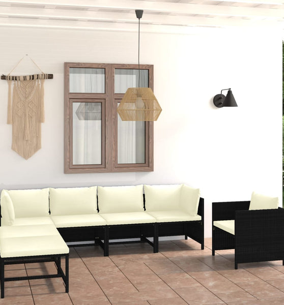 7-tlg. Garten-Lounge-Set mit Kissen Poly Rattan Schwarz