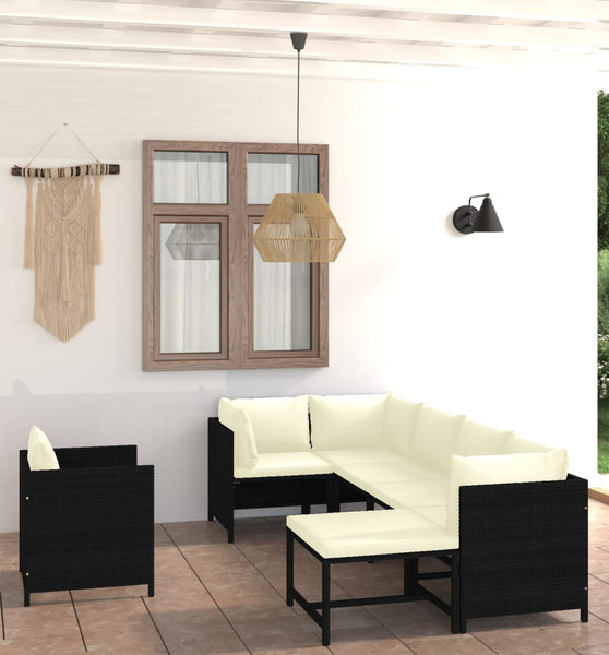 7-tlg. Garten-Lounge-Set mit Kissen Poly Rattan Schwarz