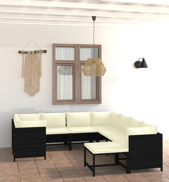 9-tlg. Garten-Lounge-Set mit Kissen Poly Rattan Schwarz