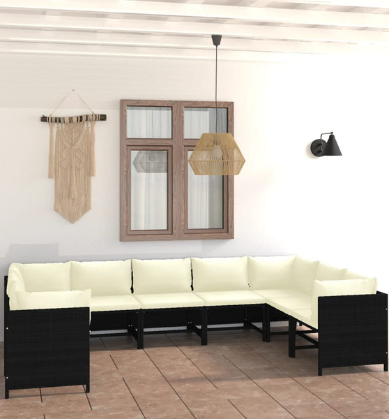 9-tlg. Garten-Lounge-Set mit Kissen Poly Rattan Schwarz