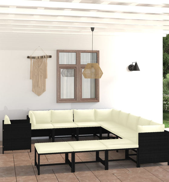 12-tlg. Garten-Lounge-Set mit Kissen Poly Rattan Schwarz