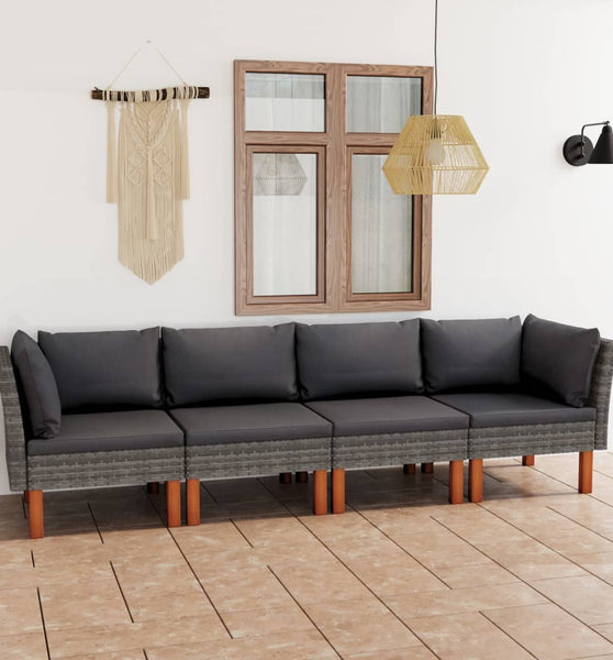 4-Sitzer-Gartensofa mit Kissen Grau Poly Rattan