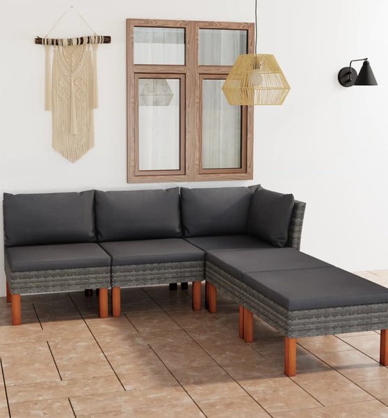 5-tlg. Garten-Lounge-Set mit Kissen Poly Rattan Grau