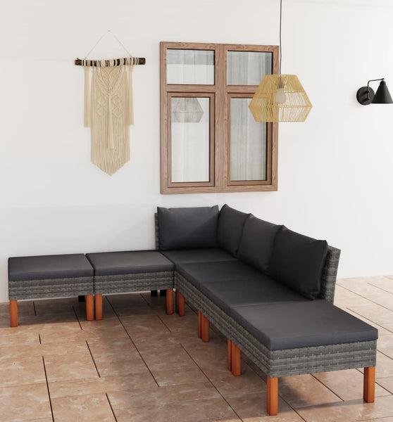 6-tlg. Garten-Lounge-Set mit Kissen Poly Rattan Grau