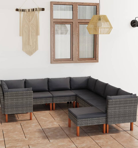 9-tlg. Garten-Lounge-Set mit Kissen Poly Rattan Grau