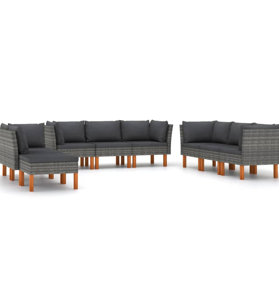 9-tlg. Garten-Lounge-Set mit Kissen Poly Rattan Grau