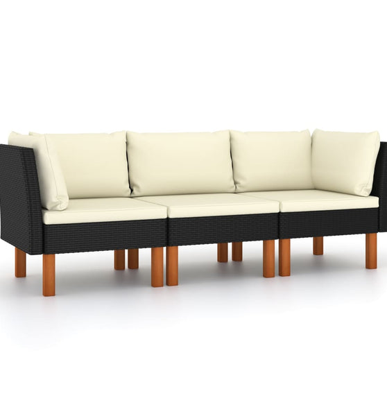 3-Sitzer-Gartensofa mit Kissen Schwarz Poly Rattan