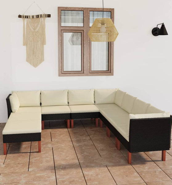 9-tlg. Garten-Lounge-Set mit Kissen Poly Rattan Schwarz