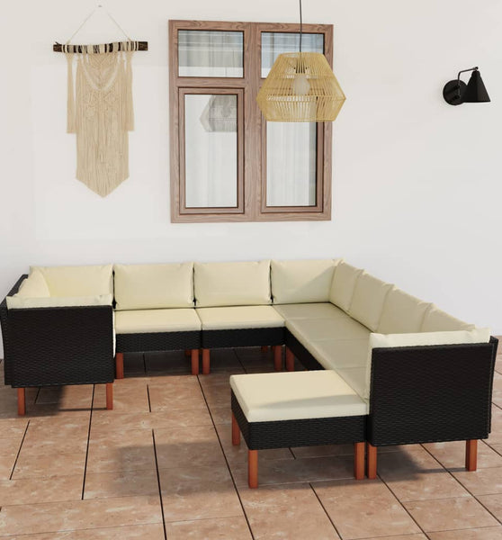 9-tlg. Garten-Lounge-Set mit Kissen Poly Rattan Schwarz