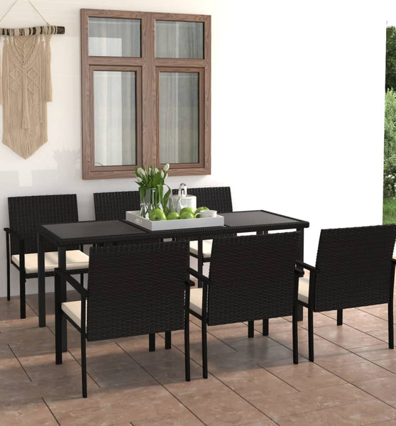 7-tlg. Garten-Essgruppe Poly Rattan Schwarz