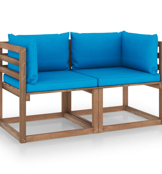 Garten-Palettensofa 2-Sitzer mit Kissen in Hellblau Kiefernholz