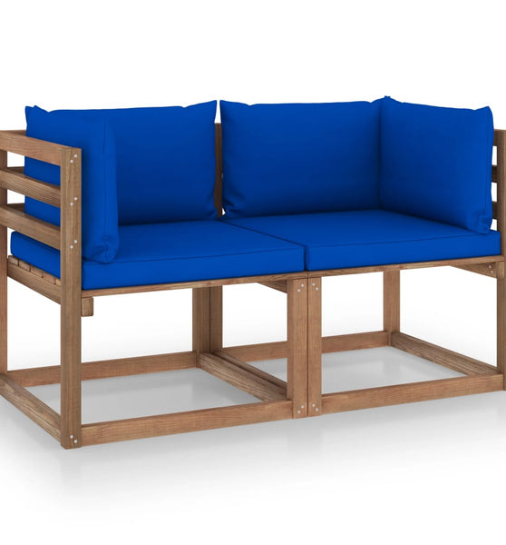 Garten-Palettensofa 2-Sitzer mit Kissen in Blau Kiefernholz