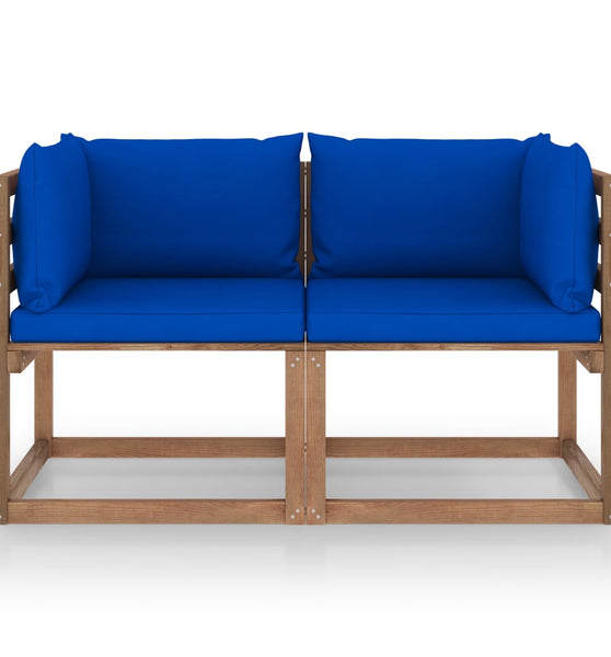 Garten-Palettensofa 2-Sitzer mit Kissen in Blau Kiefernholz