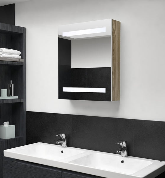 LED-Bad-Spiegelschrank Weiß und Eichen-Optik 50x14x60 cm