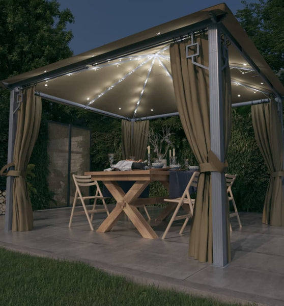 Pavillon mit Vorhängen & LED-Lichterkette 300x300 cm Taupe Alu